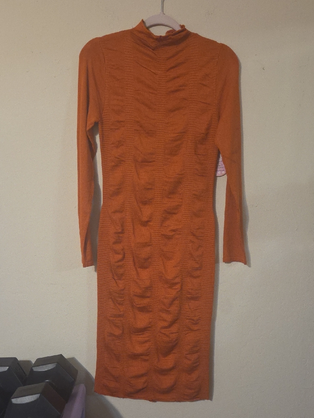 Long-Sleeve Ribbed Midi Dress in Burnt Orange
